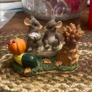 Autumn Mouse Couple Figurine with Pumpkins and Wheat